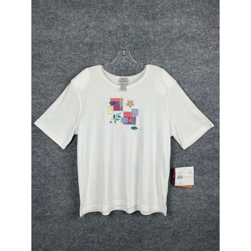 Koret City Blues Top Womens XL White NWT Embroidered Floral Patch Short Sleeve